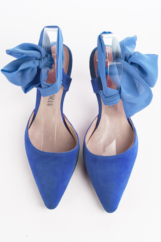 Electric blue women's open back shoes, with an ankle scarf. Tapered toe. Medium spool heels. Top view - Florence KOOIJMAN